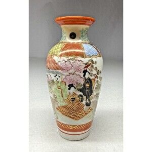 Vintage Japanese Hand Painted Porcelain Vase Geisha Scene Gold Gilt 7.5 Inch